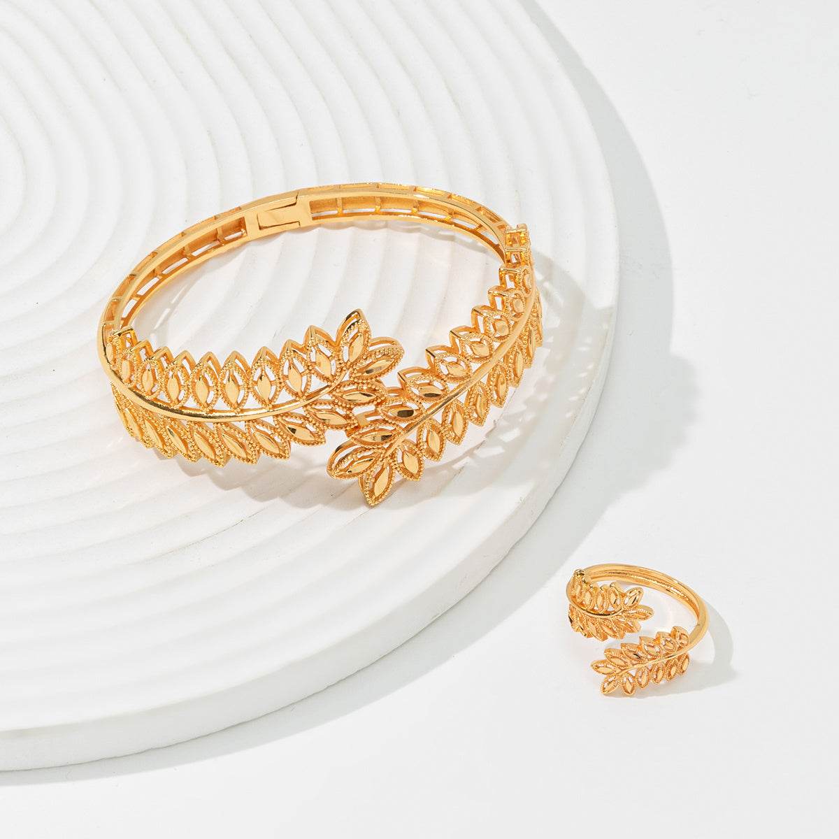 Vintage Gold Wheat Ear Leaf Bracelet & Ring Set - Elegant Bridal Jewelry - Buy Center