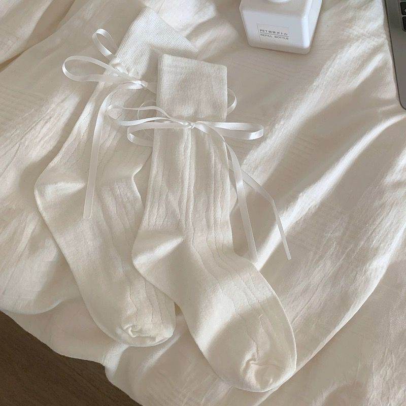 Women’s Mid-Calf Bow Socks - Stylish Straps in White, Black, Pink, Gray - Buy Center