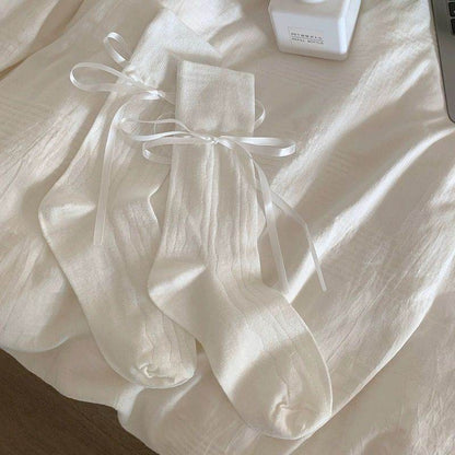 Women’s Mid-Calf Bow Socks - Stylish Straps in White, Black, Pink, Gray - Buy Center
