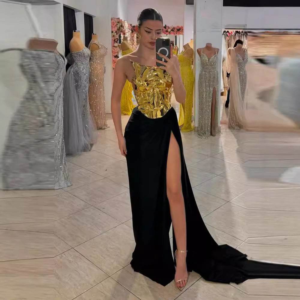 Elegant Black Two-Piece Dress Set - Backless One-Shoulder Satin Style - Buy Center