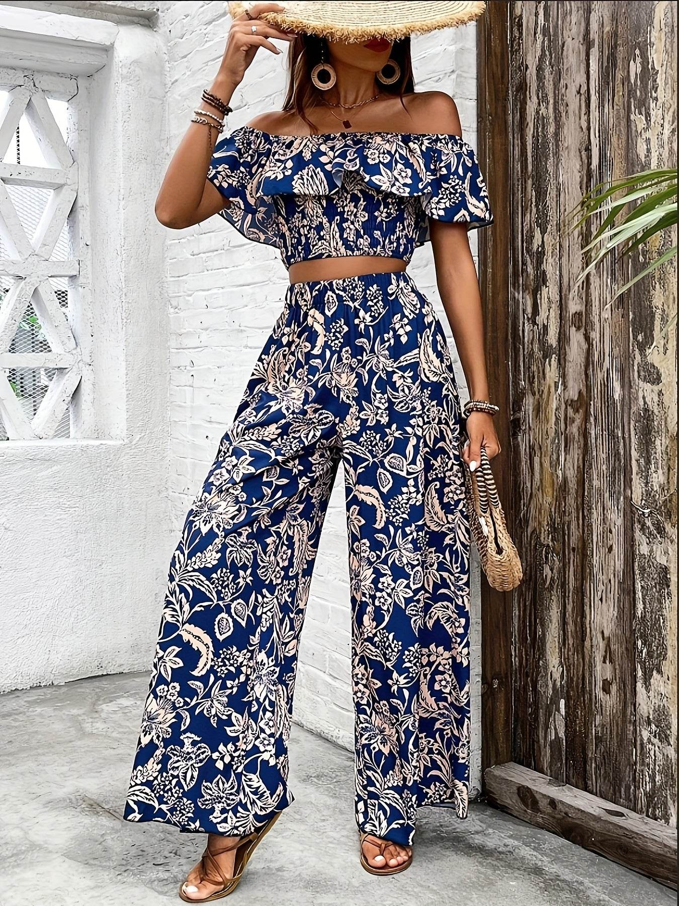 Women's Off-Shoulder Floral Crop Top & Wide-Leg Pants Set - Buy Center