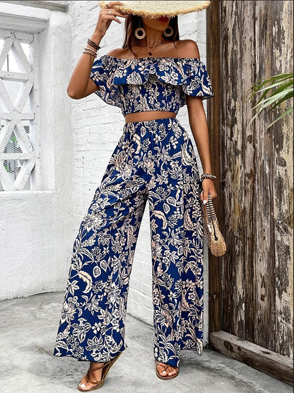 Women's Off-Shoulder Floral Crop Top & Wide-Leg Pants Set - Buy Center