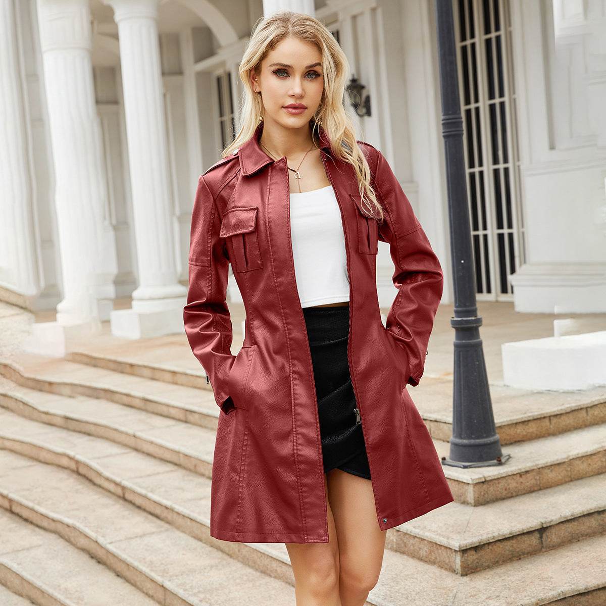 Women's Stylish Mid-Length Leather Coat with Belt - British Design 2025 - Buy Center