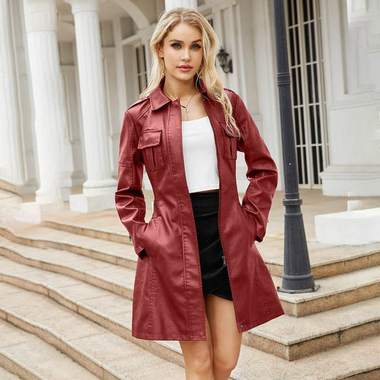 Women's Stylish Mid-Length Leather Coat with Belt - British Design 2025 - Buy Center