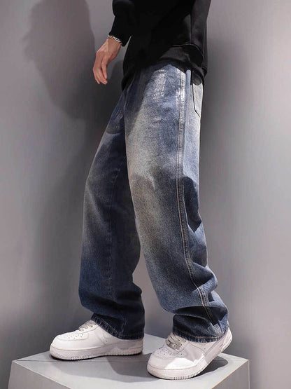 Washed-out Vintage Men's Loose Jeans - Dark Blue, Straight Fit for Comfort - Buy Center