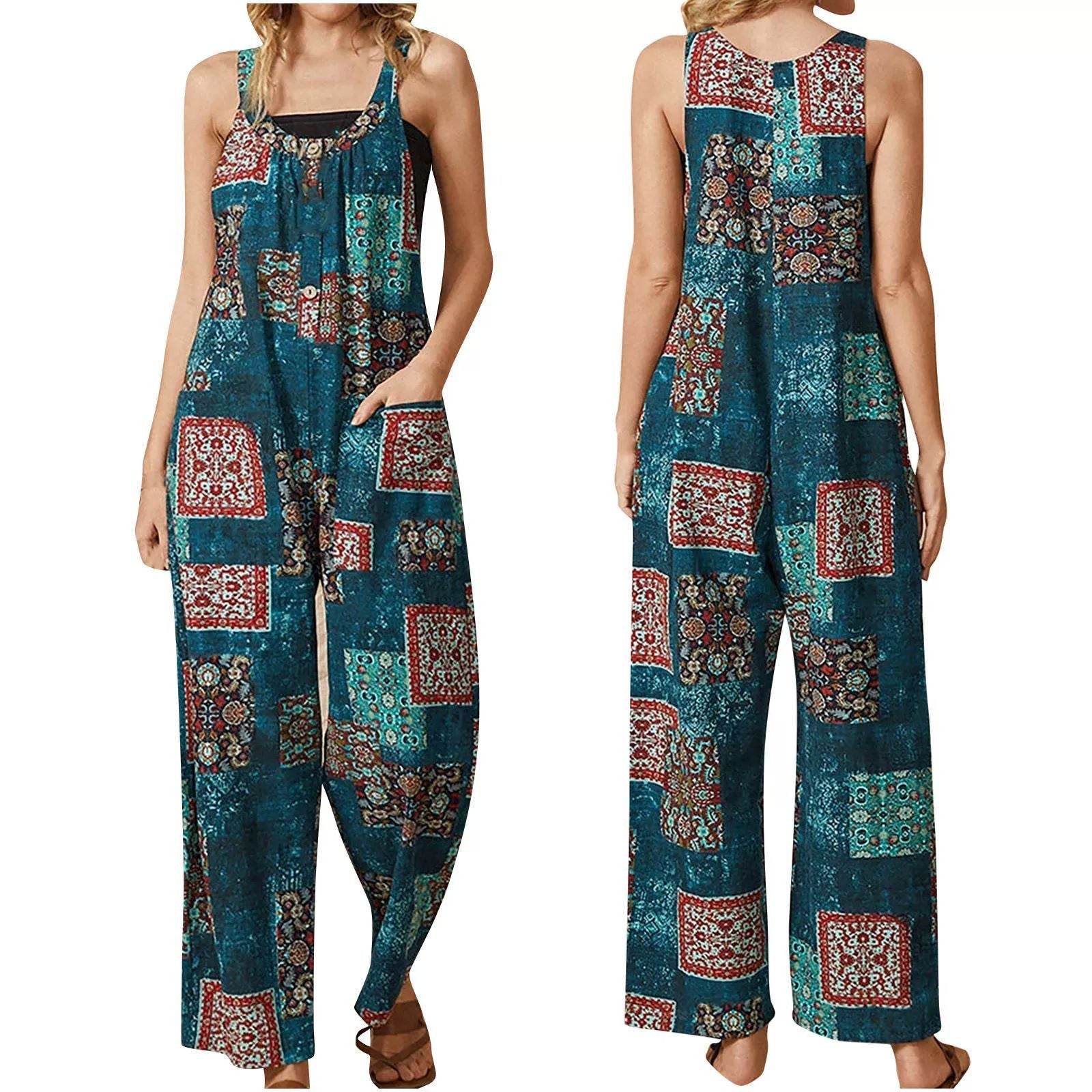 Buycenter Women's Vintage Print Jumpsuit - Loose Fit Straight-Leg Style - Buy Center