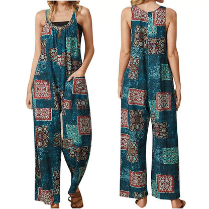 Buycenter Women's Vintage Print Jumpsuit - Loose Fit Straight-Leg Style - Buy Center