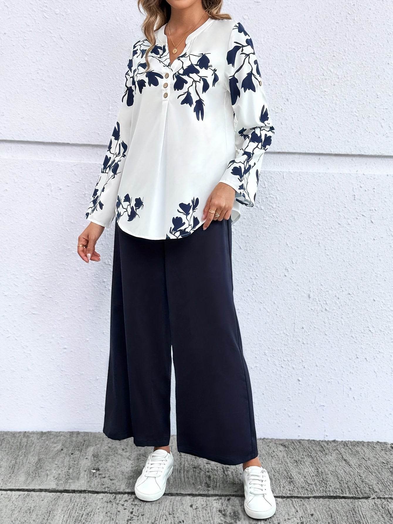 Women's Floral Print V-Neck Top & Pants Set - White Blue Casual Style - Buy Center