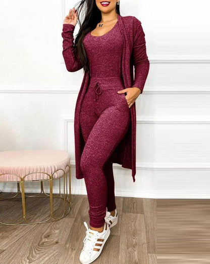 Buycenter Women's Casual Jumpsuit & Cardigan Set - High Waist & Pockets - Buy Center