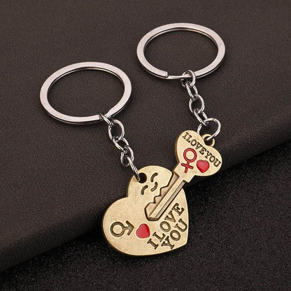 Creative Couple Keychain Set - Silver & Gold Heart Pendants for Love - Buy Center