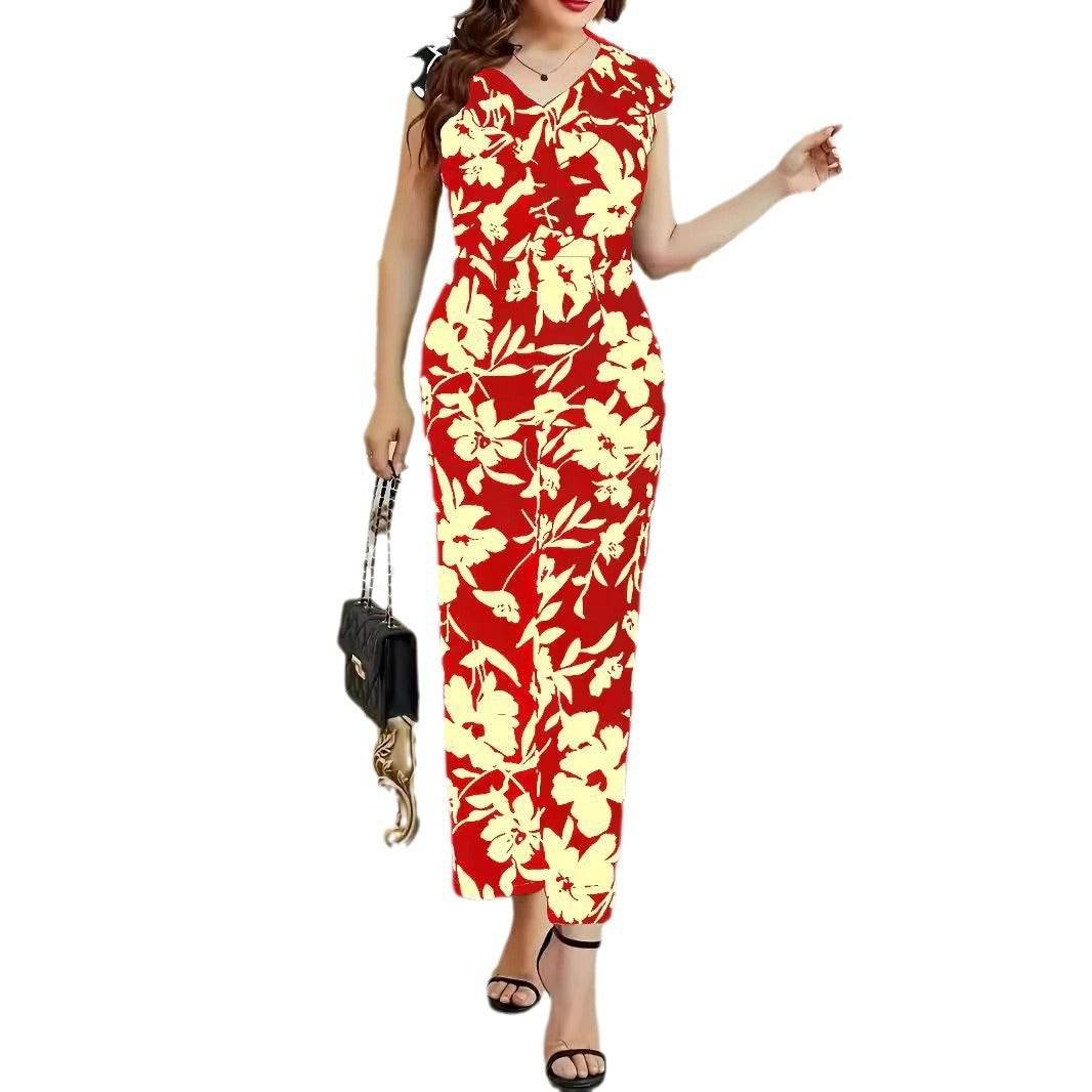 Women's Floral Printed Jumpsuit - Sleeveless V-Neck with Pockets - Buy Center