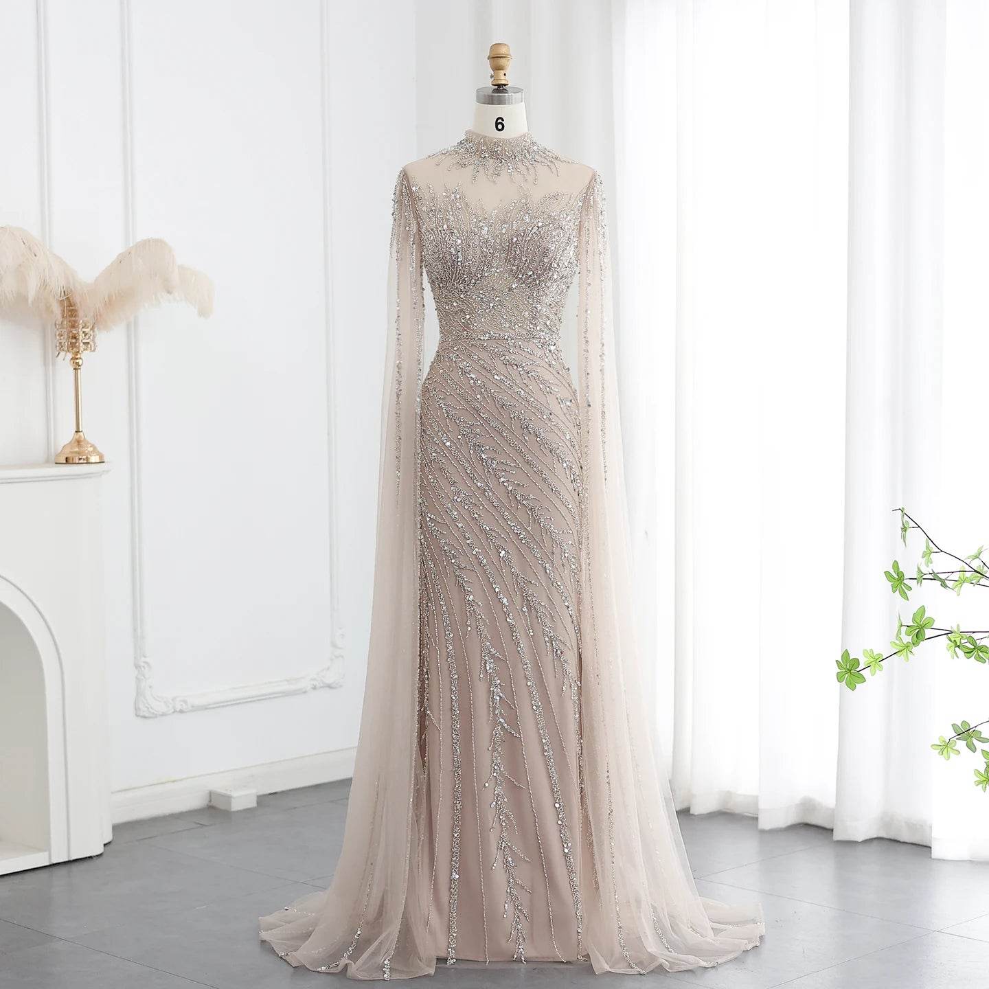 Sharon Said Black Nude Mermaid Evening Dress - High Neck, Cape Sleeves - Buy Center