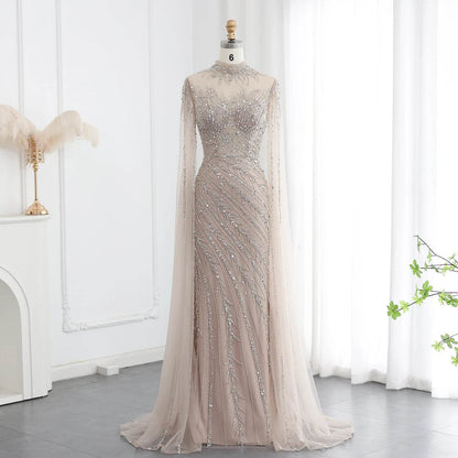 Sharon Said Black Nude Mermaid Evening Dress - High Neck, Cape Sleeves - Buy Center