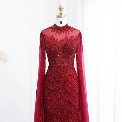 Sharon Said Black Nude Mermaid Evening Dress - High Neck, Cape Sleeves - Buy Center