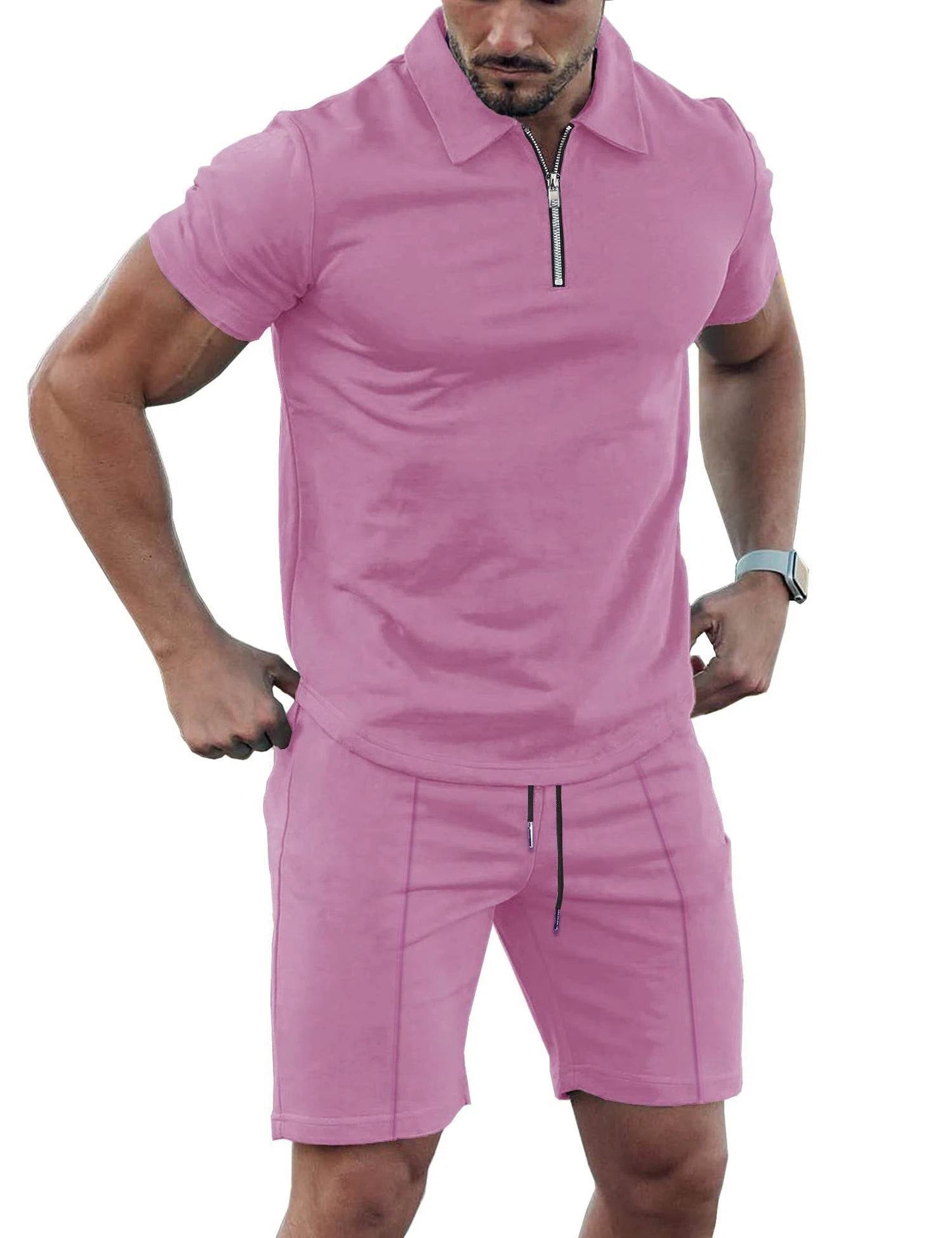 Men's Solid Color Sports Suit - Zip Up Polo Shirt & Drawstring Shorts - Buy Center
