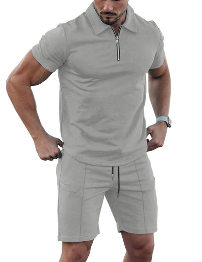 Men's Solid Color Sports Suit - Zip Up Polo Shirt & Drawstring Shorts - Buy Center