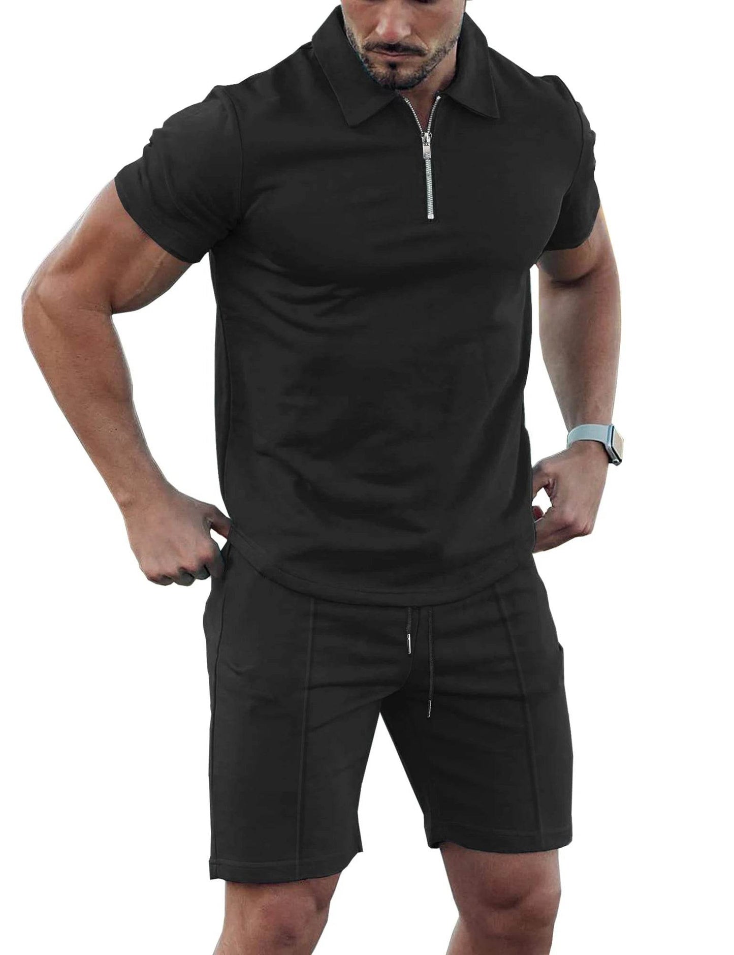 Men's Solid Color Sports Suit - Zip Up Polo Shirt & Drawstring Shorts - Buy Center