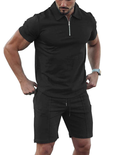 Men's Solid Color Sports Suit - Zip Up Polo Shirt & Drawstring Shorts - Buy Center