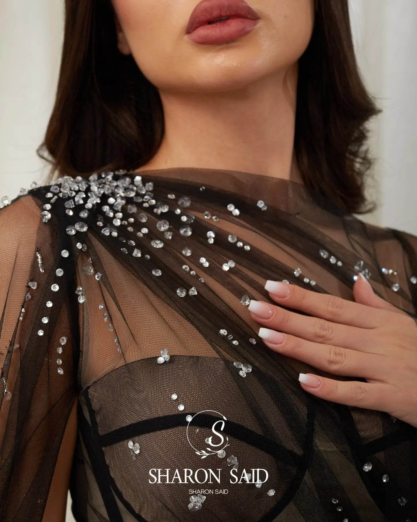 Sharon Said Elegant Black Evening Dress with Crystal Cape Sleeves - Buy Center