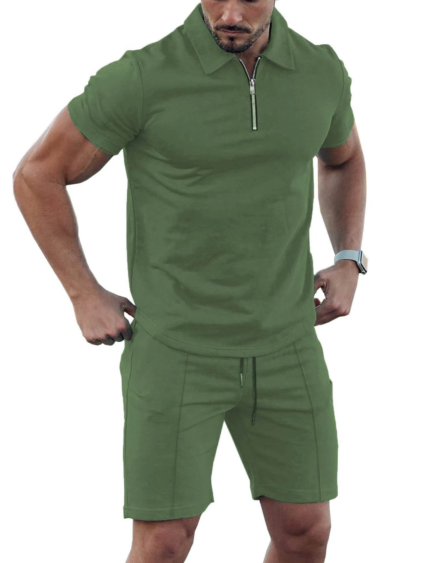 Men's Solid Color Sports Suit - Zip Up Polo Shirt & Drawstring Shorts - Buy Center