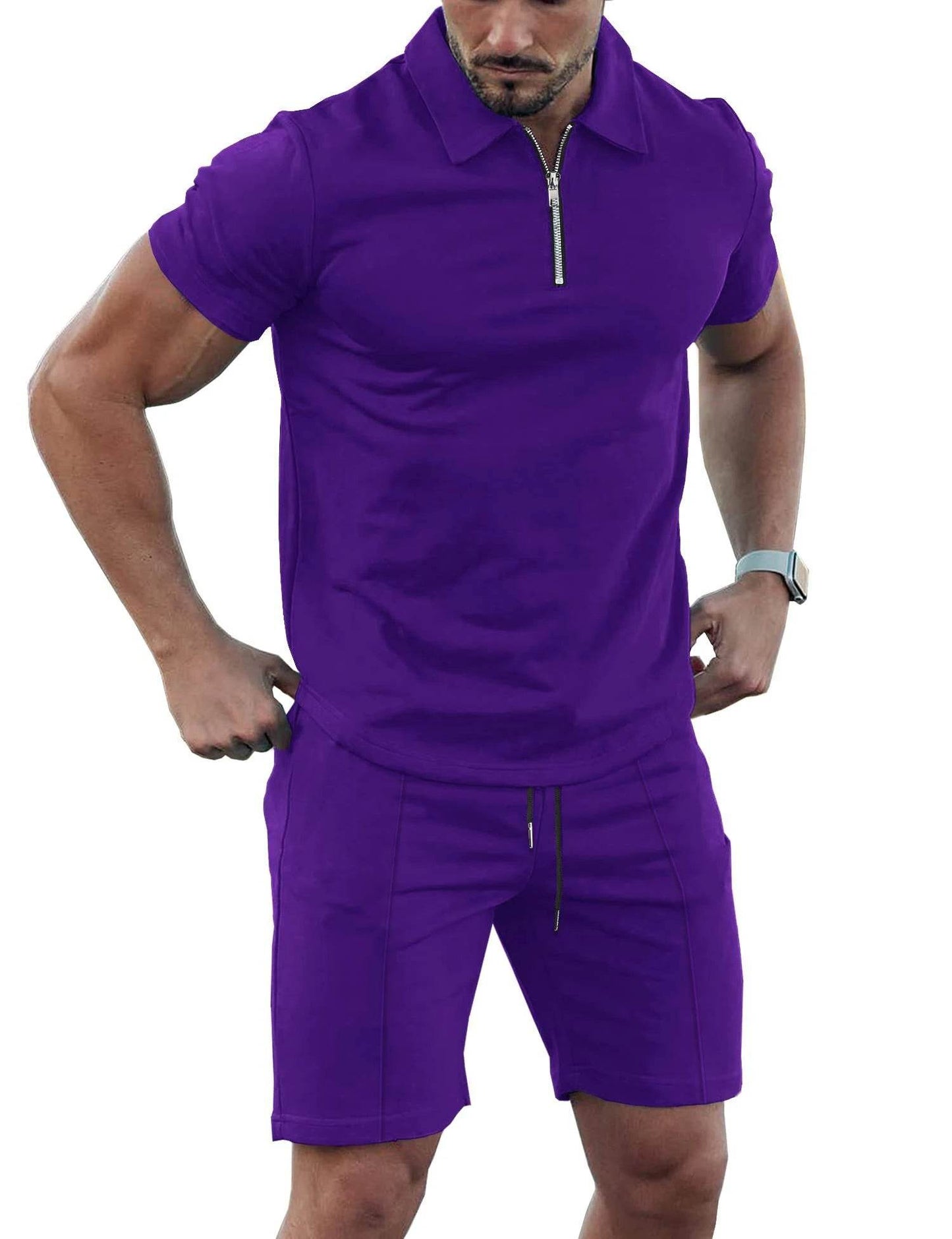 Men's Solid Color Sports Suit - Zip Up Polo Shirt & Drawstring Shorts - Buy Center