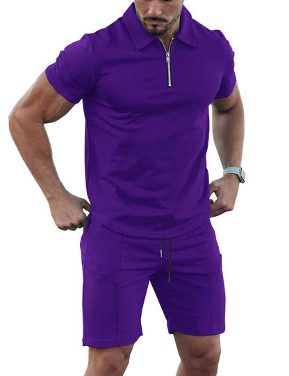 Men's Solid Color Sports Suit - Zip Up Polo Shirt & Drawstring Shorts - Buy Center
