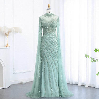 Sharon Said Black Mermaid Evening Dress - Cape Sleeves, High Neck - Buy Center