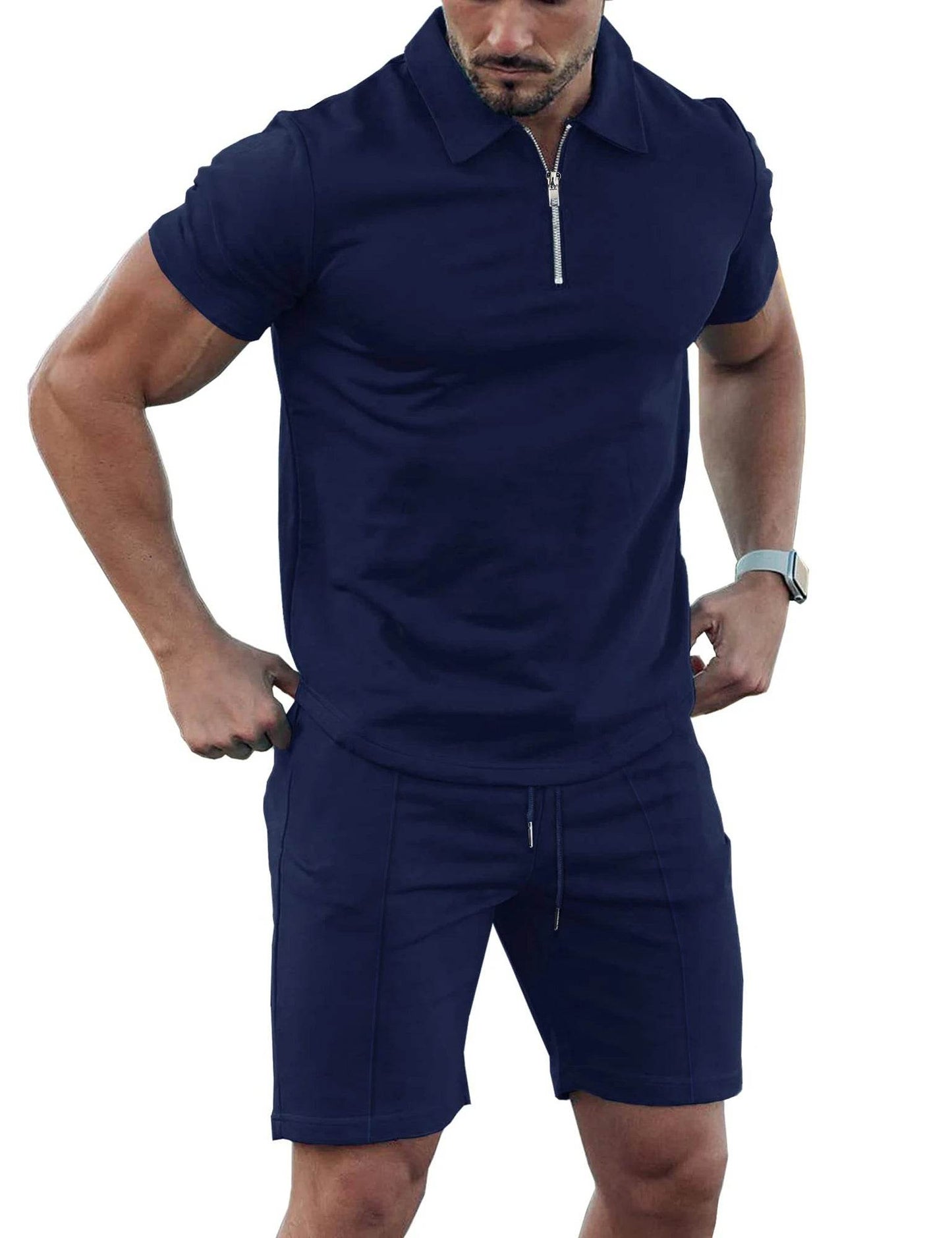 Men's Solid Color Sports Suit - Zip Up Polo Shirt & Drawstring Shorts - Buy Center