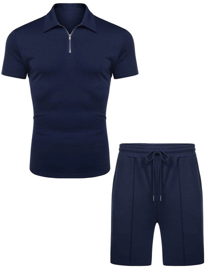 Men's Solid Color Sports Suit - Zip Up Polo Shirt & Drawstring Shorts - Buy Center