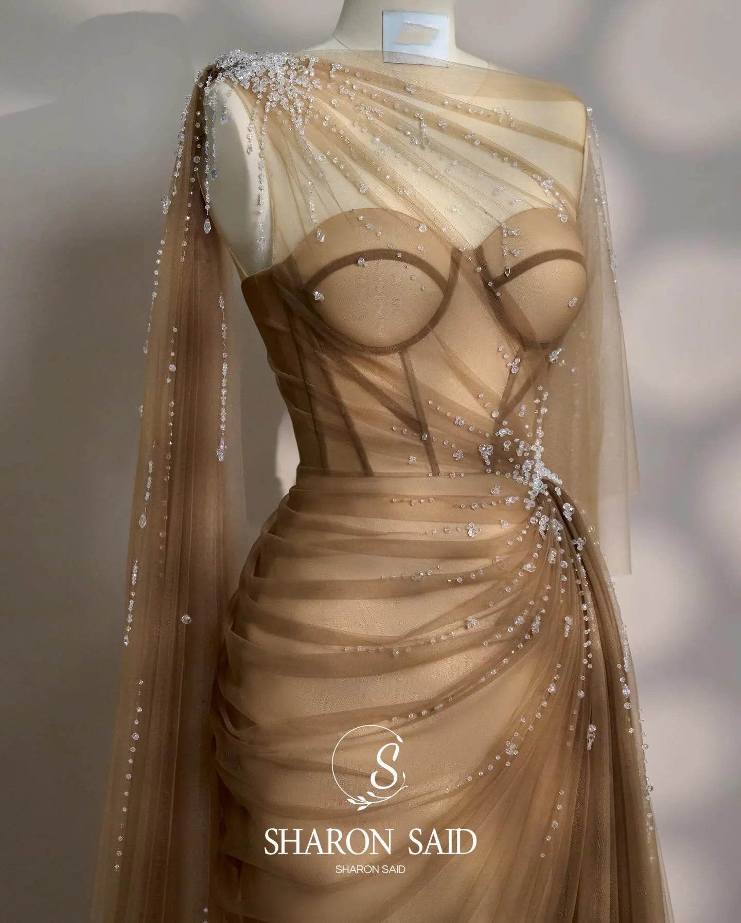 Sharon Said Elegant Black Evening Dress with Crystal Cape Sleeves - Buy Center