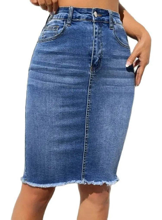 Angelhao Women's High Elastic Slim Denim Skirt - Casual Knee-Length Style - Buy Center