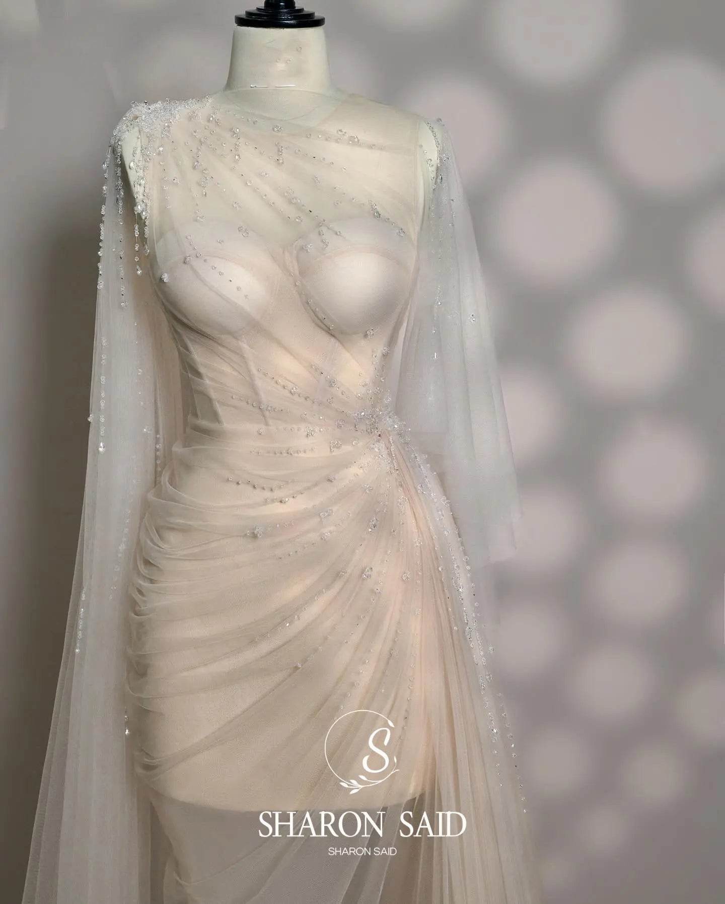 Sharon Said Elegant Black Evening Dress with Crystal Cape Sleeves - Buy Center