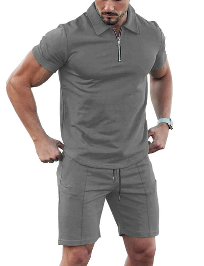 Men's Solid Color Sports Suit - Zip Up Polo Shirt & Drawstring Shorts - Buy Center