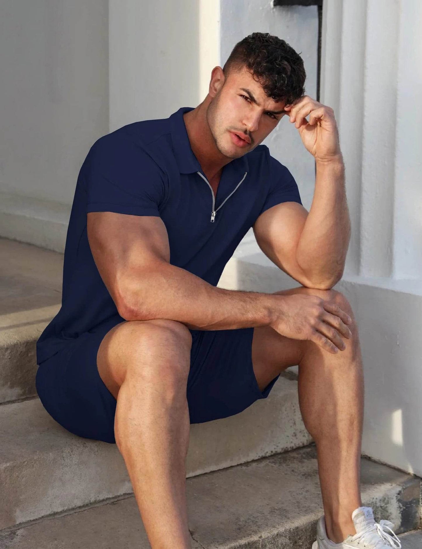 Men's Solid Color Sports Suit - Zip Up Polo Shirt & Drawstring Shorts - Buy Center