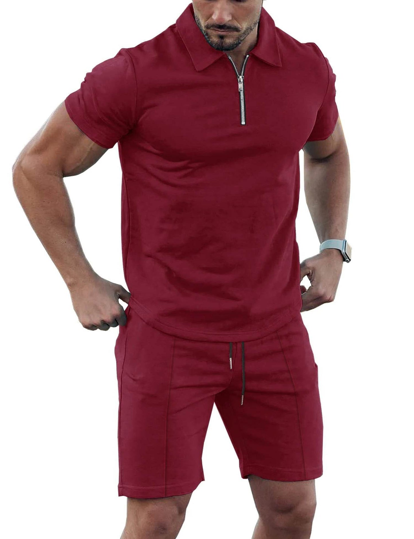 Men's Solid Color Sports Suit - Zip Up Polo Shirt & Drawstring Shorts - Buy Center
