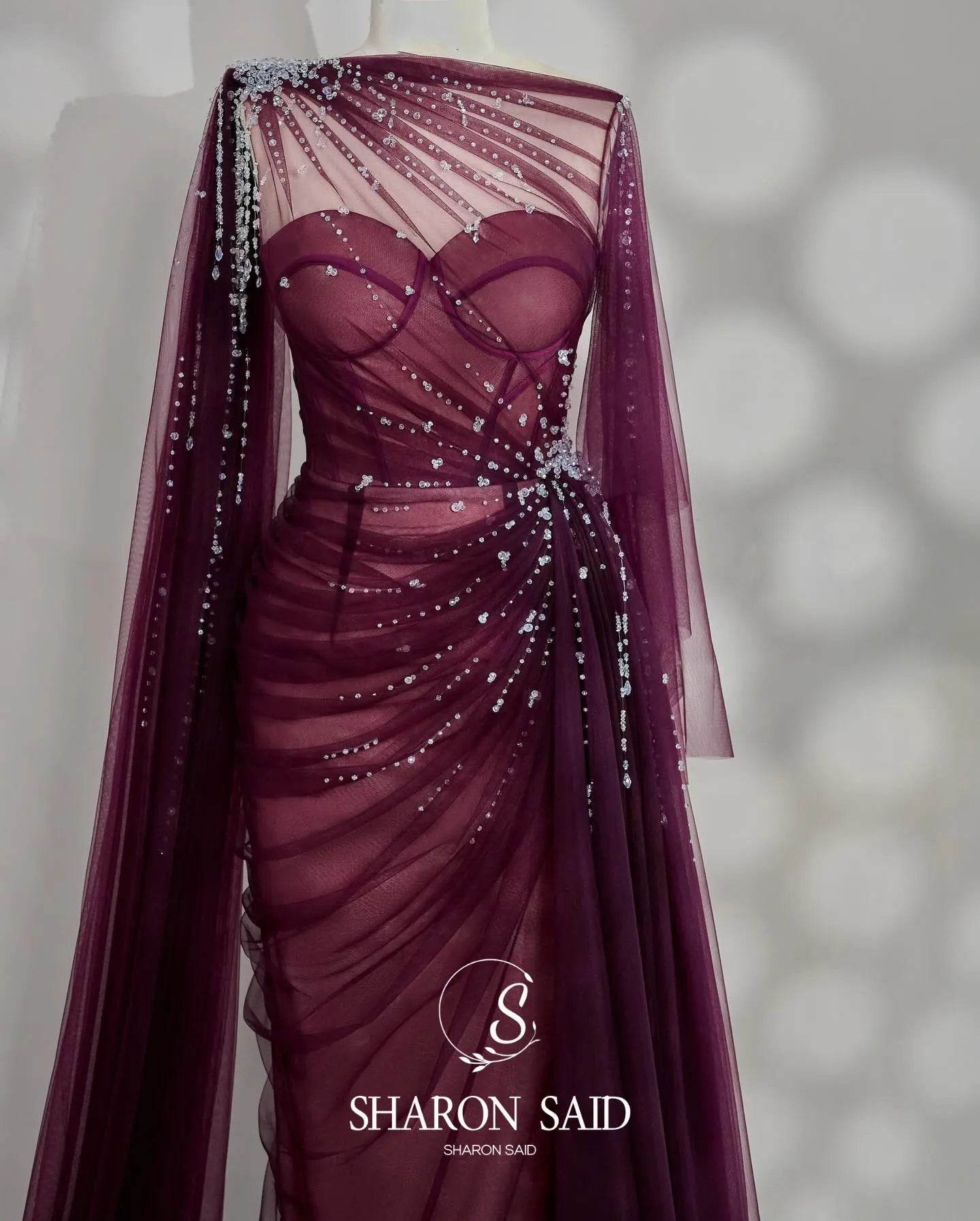 Sharon Said Elegant Black Evening Dress with Crystal Cape Sleeves - Buy Center