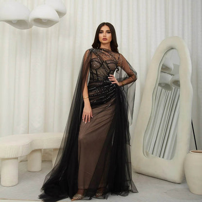 Sharon Said Elegant Black Evening Dress with Crystal Cape Sleeves - Buy Center