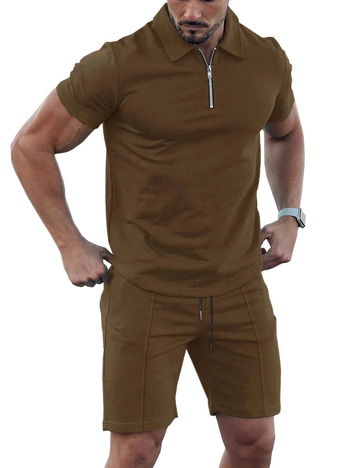 Men's Solid Color Sports Suit - Zip Up Polo Shirt & Drawstring Shorts - Buy Center
