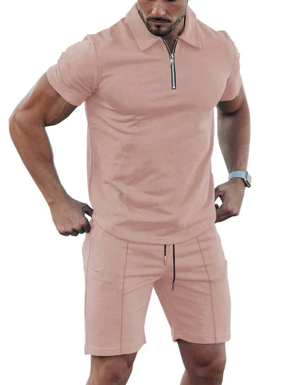 Men's Solid Color Sports Suit - Zip Up Polo Shirt & Drawstring Shorts - Buy Center