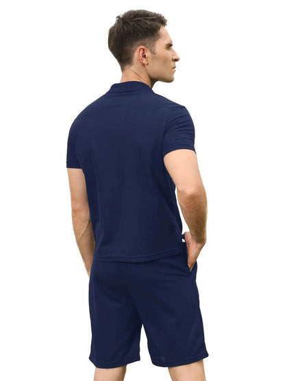 Men's Solid Color Sports Suit - Zip Up Polo Shirt & Drawstring Shorts - Buy Center