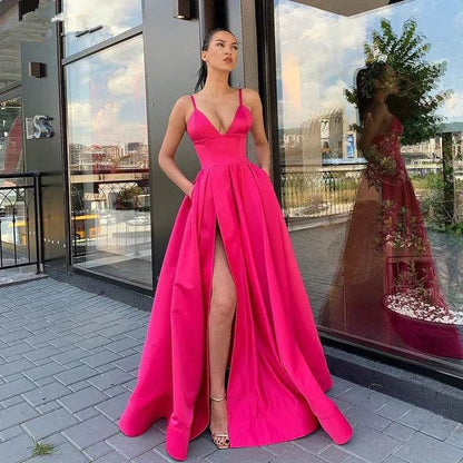 Elegant V Neck Satin Evening Dress - Spaghetti Strap Side Slit - Buy Center