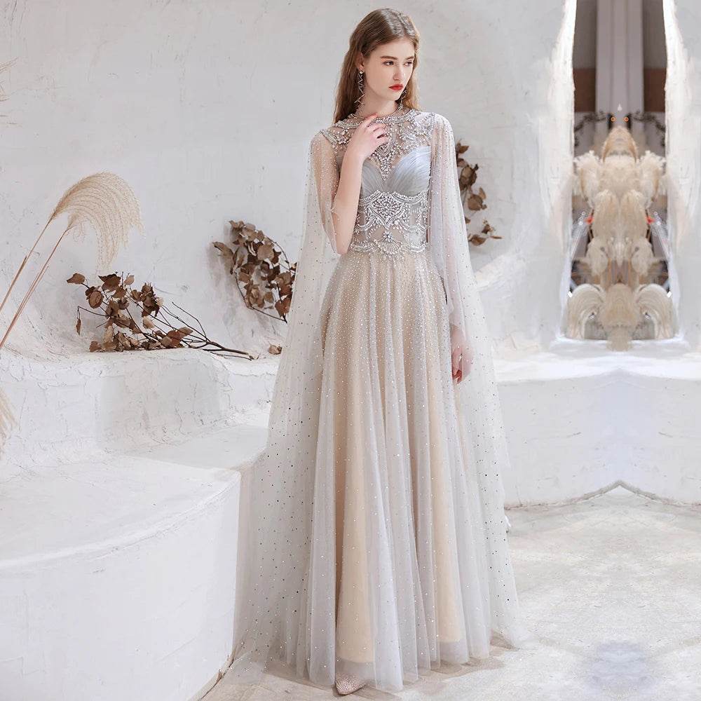 YOUXI Customized Elegant Evening Dress - Crystal Beaded Cape Gown - Buy Center