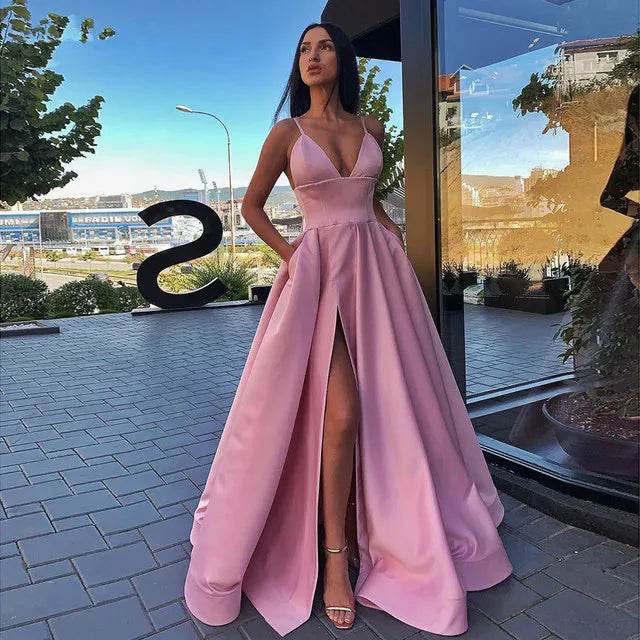Elegant V Neck Satin Evening Dress - Spaghetti Strap Side Slit - Buy Center