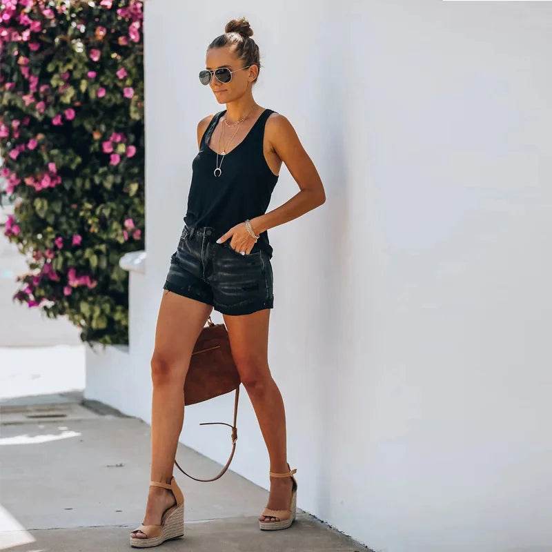 Women's High Waist Black Denim Shorts - Casual Summer Fashion S-2XL - Buy Center