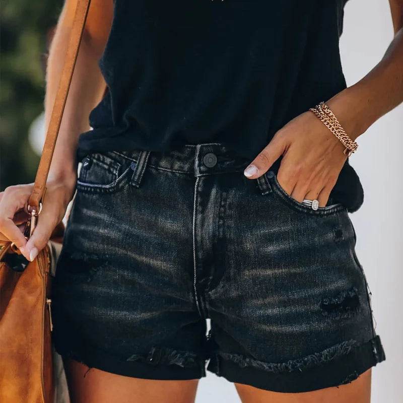 Women's High Waist Black Denim Shorts - Casual Summer Fashion S-2XL - Buy Center