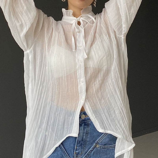 Loose Flared White Cotton Blazer - Trendy Bell Sleeve Fashion Top - Buy Center