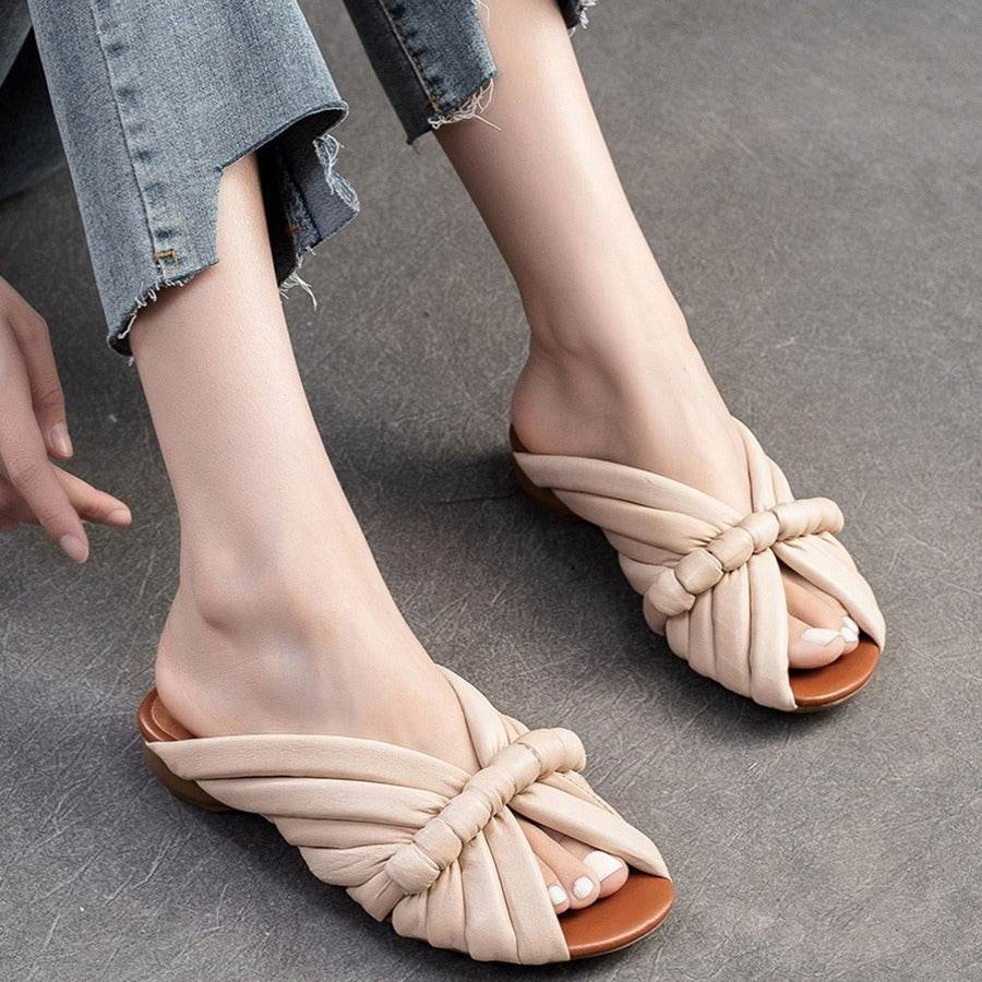 Women's Genuine Leather Flat Slippers - Trendy Single Strap Slide Style - Buy Center