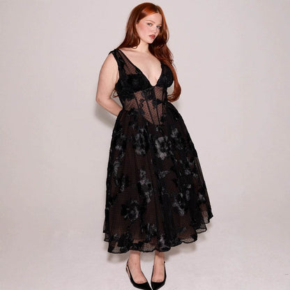 Buycenter Black Deep V-Neck A-Line Evening Dress - High-End Lace Design - Buy Center