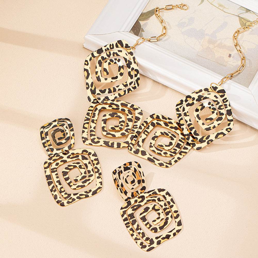 Geometric Leopard Print Jewelry Set - Trendy Spiral Earrings & Necklace - Buy Center