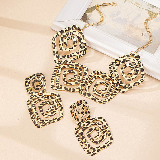 Geometric Leopard Print Jewelry Set - Trendy Spiral Earrings & Necklace - Buy Center